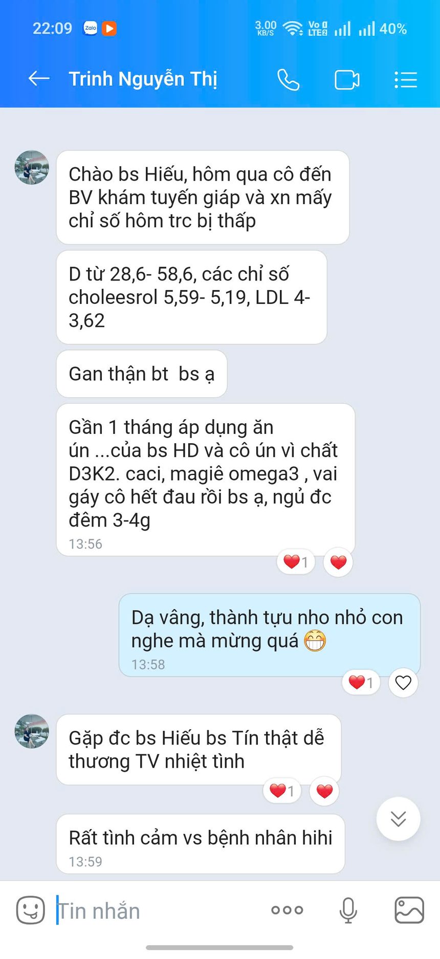 Tin nhắn học viên chia sẻ cải thiện chỉ số mỡ máu và giấc ngủ
