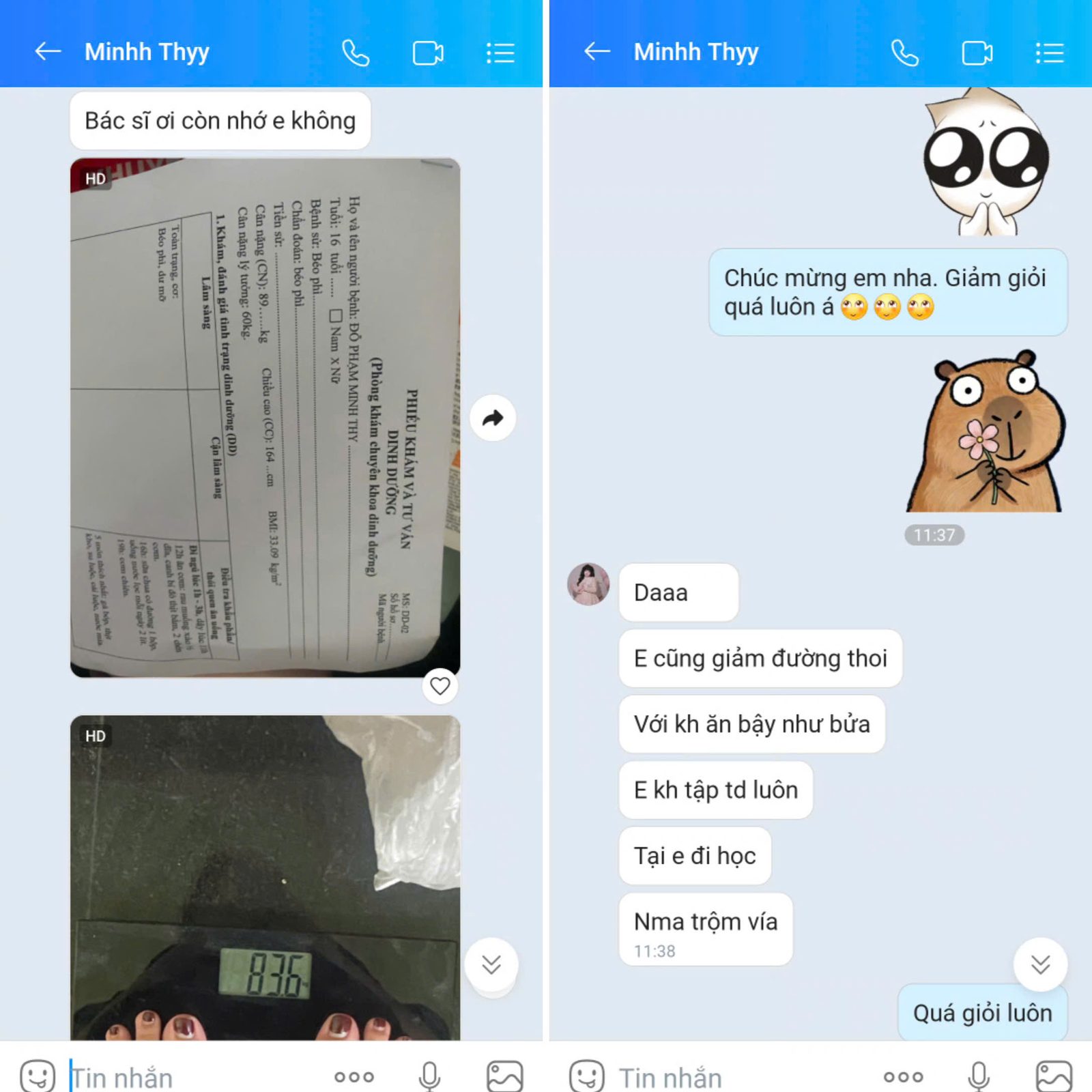 Tin nhắn học viên chia sẻ kết quả giảm cân